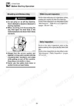 takeuchi-tb175-hydraulic-excavator-operator-manual-al3e008-operations-67.webp Takeuchi TB175 operation manual page showing mounting, dismounting, walk-around, and daily inspection safety procedures.