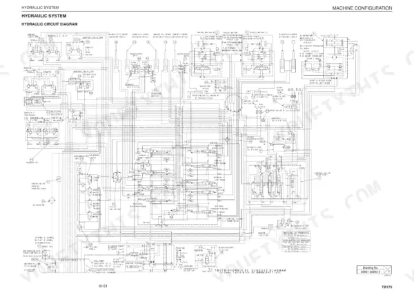 Takeuchi TB175 hydraulic circuit diagram showing pumps, control valves, cylinders, motors, and relief pressure specifications.