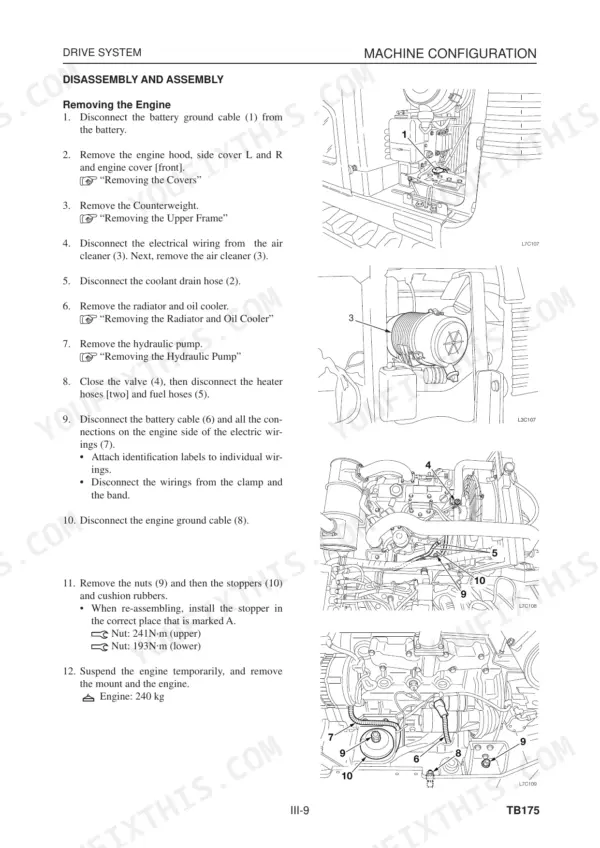 Takeuchi TB175 engine removal procedure with diagrams for battery, air cleaner, fuel hoses, and engine mount components.