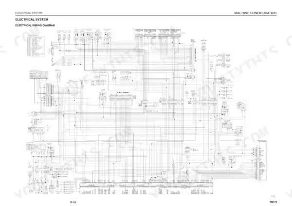 takeuchi-tb175-hydraulic-excavator-workshop-manual-cl7e002-wiring-137.webp Takeuchi TB175 electrical wiring diagram showing fuse box, E-ECU, starter switch, and various relays and sensors.