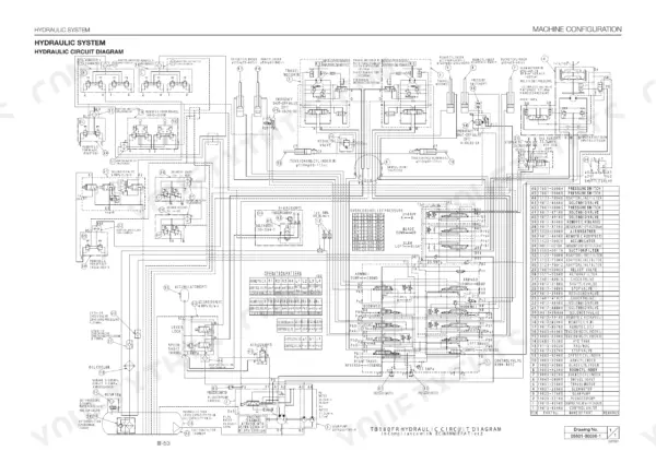 Takeuchi TB180FR hydraulic circuit diagram showing system components, operation patterns, and a parts list table.