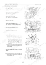 takeuchi-tb180fr-hydraulic-excavator-service-manual-cl5e002-procedures-54.webp Takeuchi TB180FR service manual page showing engine removal procedures, compressor V-belt tensioning, and component diagrams.