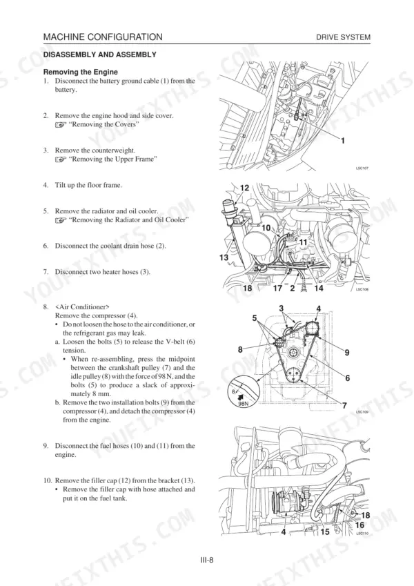 Takeuchi TB180FR service manual page showing engine removal procedures, compressor V-belt tensioning, and component diagrams.
