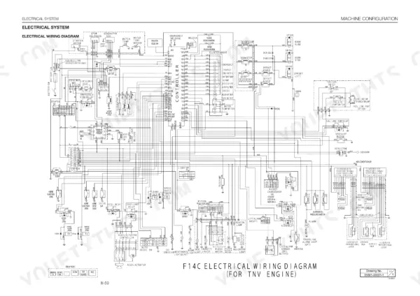 takeuchi-tb180fr-hydraulic-excavator-service-manual-cl5e002-wiring-106.webp Takeuchi TB180FR electrical wiring diagram for TNV engine, showing controller, relays, fuses, and machine configuration components.