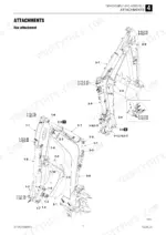 Takeuchi TB210R exploded view diagram of the hoe attachment showing boom, arm, bucket, and hydraulic cylinder components.