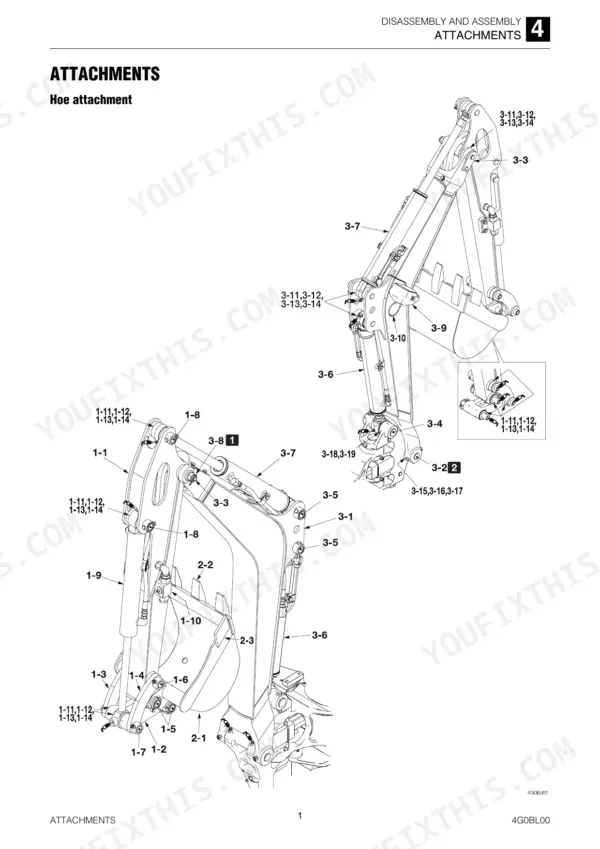Takeuchi TB210R exploded view diagram of the hoe attachment showing boom, arm, bucket, and hydraulic cylinder components.