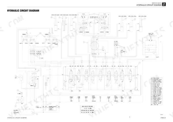 Takeuchi TB210R hydraulic circuit diagram showing pumps, control valves, cylinders, and relief pressure specifications.