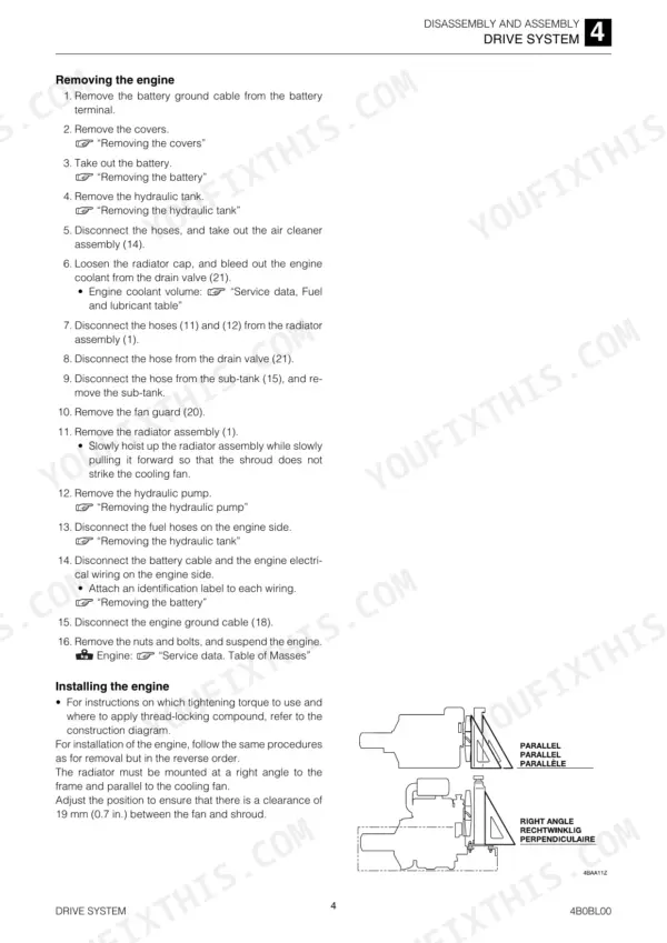 Takeuchi TB210R service manual page detailing step-by-step engine removal and installation procedures with radiator alignment diagram.