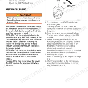 Takeuchi TB2150 operator manual page showing procedures for starting and stopping the engine with ignition key diagram.
