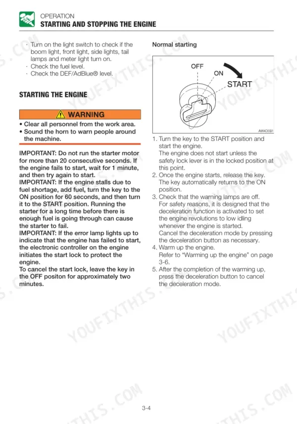 takeuchi-tb2150-hydraulic-excavator-operator-manual-an4e000-procedures-150.webp Takeuchi TB2150 operator manual page showing procedures for starting and stopping the engine with ignition key diagram.