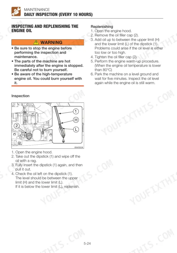 Takeuchi TB2150 daily engine oil inspection and replenishment procedure with dipstick diagram and safety warnings.