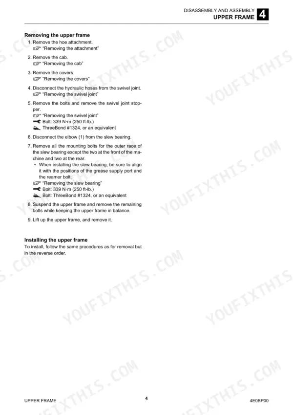 Takeuchi TB2150 service manual procedure for removing and installing the upper frame and slew bearing.