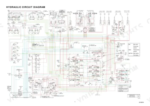 Takeuchi TB2150 hydraulic circuit diagram showing pumps, control valves, cylinders, and motors with pressure specifications.