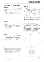 takeuchi-tb2150-hydraulic-excavator-service-manual-cn4e000-page-100.webp Takeuchi TB2150 service standards table and diagrams for carrier roller, track roller, sprocket, and idler dimensions.