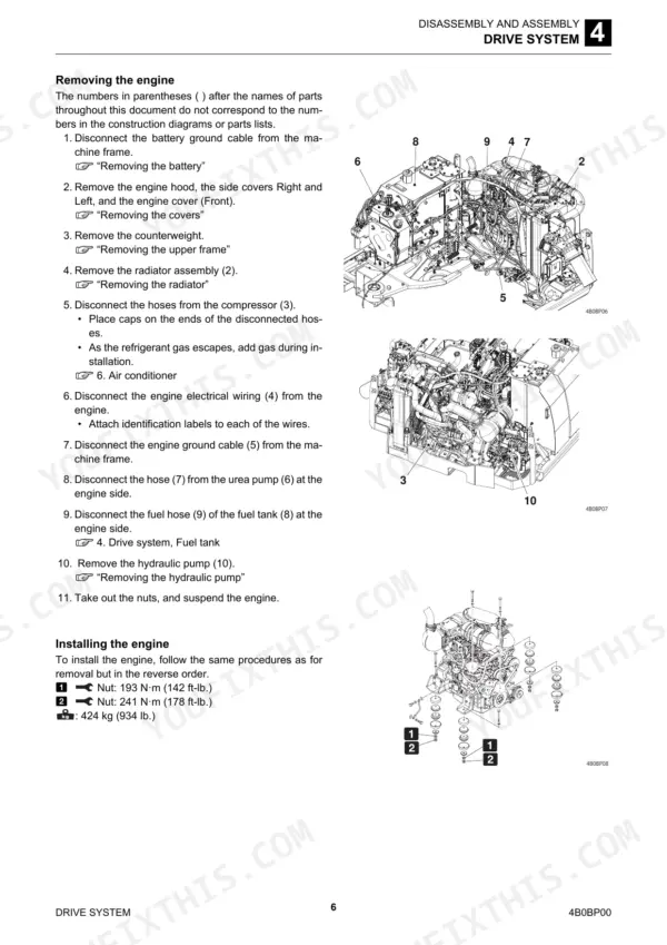 Takeuchi TB2150 engine removal and installation procedure with diagrams of engine components and torque specifications.
