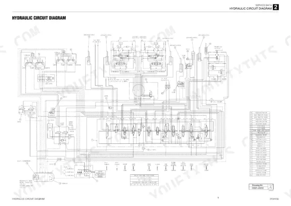 takeuchi-tb216-mini-excavator-service-manual-cc6e001-wiring-43.webp Takeuchi TB216 hydraulic circuit diagram showing pumps, control valves, cylinders, and relief pressure specifications.