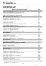 takeuchi-tb228-tb235-tb250-mini-excavator-operator-manual-ag7e017-maintenance-134.webp Takeuchi TB228, TB235, TB250 maintenance list table showing inspection intervals and page references for service tasks.