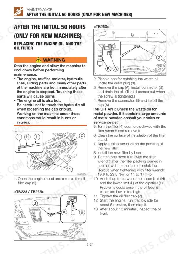Takeuchi TB228, TB235, TB250 maintenance procedure for replacing engine oil and oil filter with diagrams and steps.
