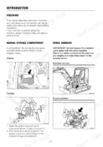 takeuchi-tb230-mini-excavator-operator-manual-ae8e001-page-4.webp Takeuchi TB230 manual introduction showing manual storage compartment locations and machine and engine serial number plate locations.