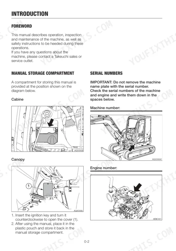 Takeuchi TB230 manual introduction showing manual storage compartment locations and machine and engine serial number plate locations.