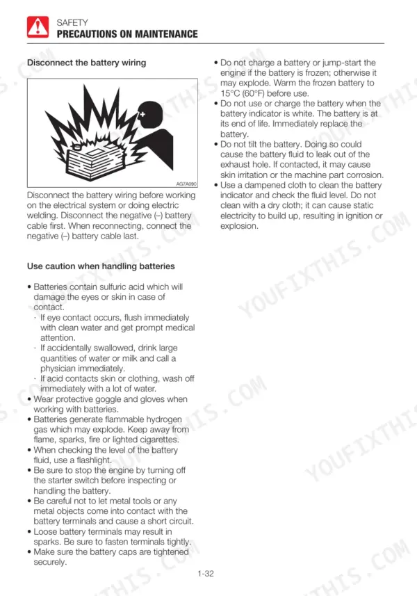 Takeuchi TB230 safety manual page detailing battery maintenance precautions, handling procedures, and explosion hazard warnings.