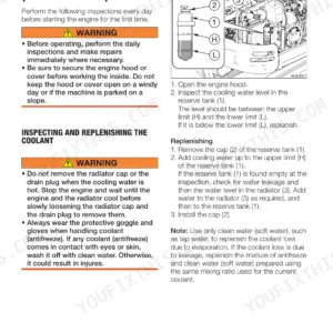 Takeuchi TB230 daily maintenance procedure for inspecting and replenishing the engine cooling water reserve tank.