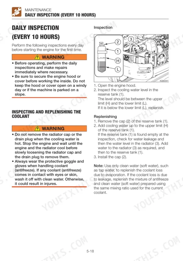 takeuchi-tb230-mini-excavator-operator-manual-ae8e001-procedures-180.webp Takeuchi TB230 daily maintenance procedure for inspecting and replenishing the engine cooling water reserve tank.