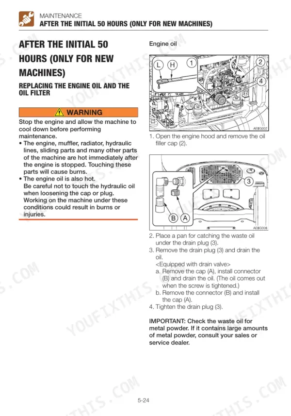 Takeuchi TB230 maintenance procedure for replacing engine oil and oil filter after initial 50 hours of operation.