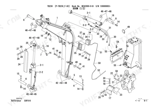 Takeuchi TB230 exploded view diagram of boom assembly, including hydraulic cylinders, pins, hoses, and mounting hardware.
