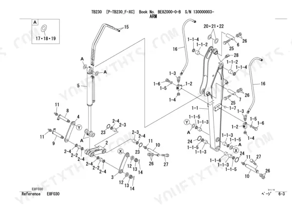 Takeuchi TB230 exploded view diagram of the arm assembly, showing hydraulic hoses, pins, bushings, and linkage components.