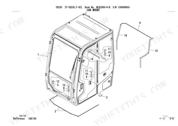 Takeuchi TB230 exploded view diagram of cab mount components, including seals, bolts, and washers for cabin assembly.