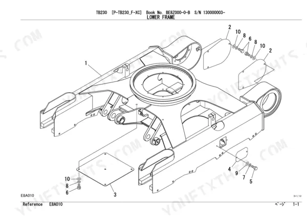 Takeuchi TB230 exploded view diagram of the lower frame assembly, showing covers, bolts, and washers.
