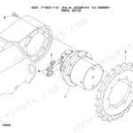 Takeuchi TB230 travel device exploded view showing hydraulic motor, sprocket, and mounting bolts.