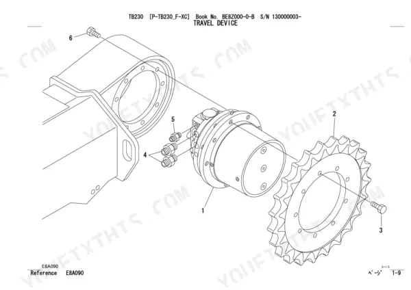 takeuchi-tb230-mini-excavator-parts-catalog-be8z000-0-b-hydraulic-parts-32.webp Takeuchi TB230 travel device exploded view showing hydraulic motor, sprocket, and mounting bolts.