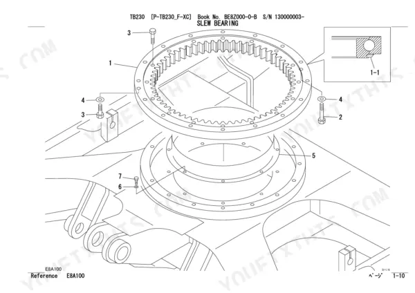 Takeuchi TB230 exploded view diagram of the slew bearing assembly, showing bolts, washers, and bearing components.