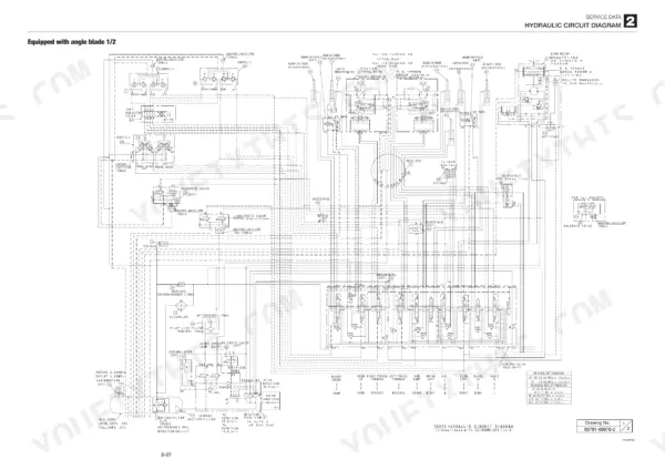Takeuchi TB235 hydraulic circuit diagram showing angle blade, main pump, control valve, and relief pressure specifications.