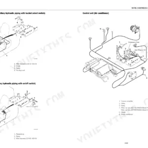 Takeuchi TB235 wiring diagram for auxiliary hydraulic piping control units and air conditioner control unit wire harnesses.