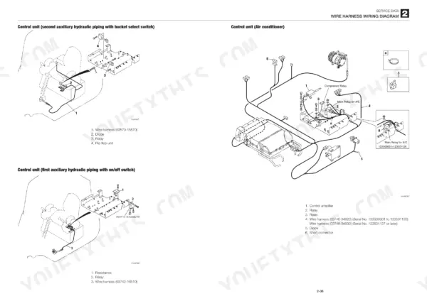 takeuchi-tb235-mini-excavator-service-manual-cg7e004-wiring-48.webp Takeuchi TB235 wiring diagram for auxiliary hydraulic piping control units and air conditioner control unit wire harnesses.