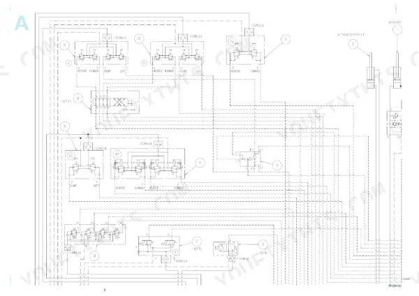 Takeuchi TB240 hydraulic system schematic showing pilot control valves, cylinders, and hydraulic line connections.