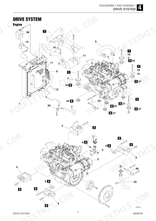 Takeuchi TB240 drive system exploded view showing engine mounting, radiator, and cooling components assembly.