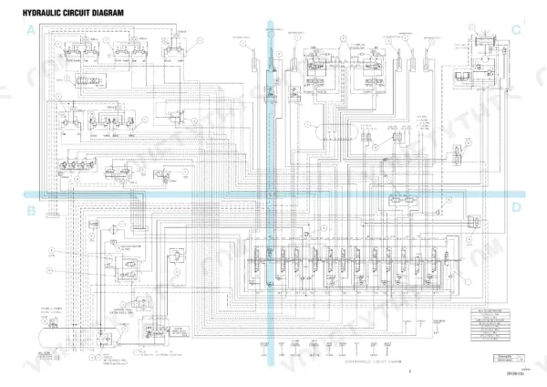 Takeuchi TB240 hydraulic circuit diagram showing control valves, pump lines, auxiliary circuits, and relief pressure table.