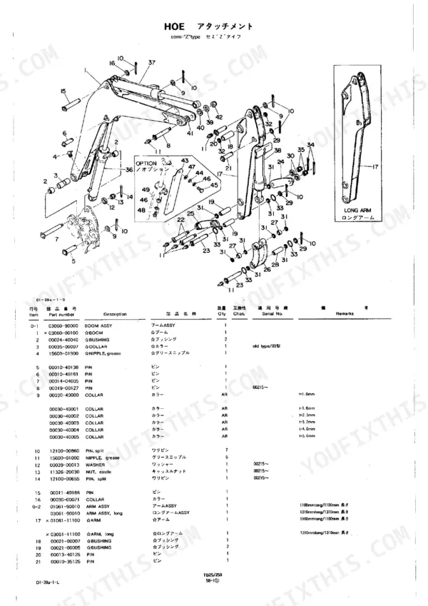 Takeuchi TB25, 250 exploded view diagram and parts list for the semi-Z type hoe attachment, boom, and arm assembly.