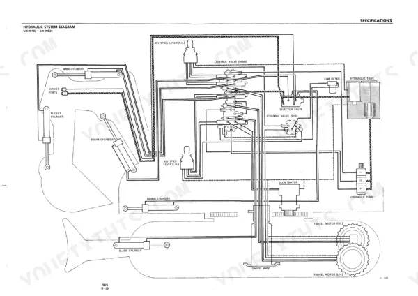 Takeuchi TB25 hydraulic system diagram showing pump, control valves, cylinders, slew motor, and travel motors.