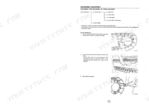 Takeuchi TB25 lower machinery disassembly procedure, showing crawler belt removal steps, master pin location, and tension release.