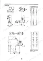 takeuchi-tb25-compact-excavator-shop-manual-specs-22.webp Takeuchi TB25 excavator specifications page showing machine dimensions, operating range diagrams, and corresponding measurement tables.