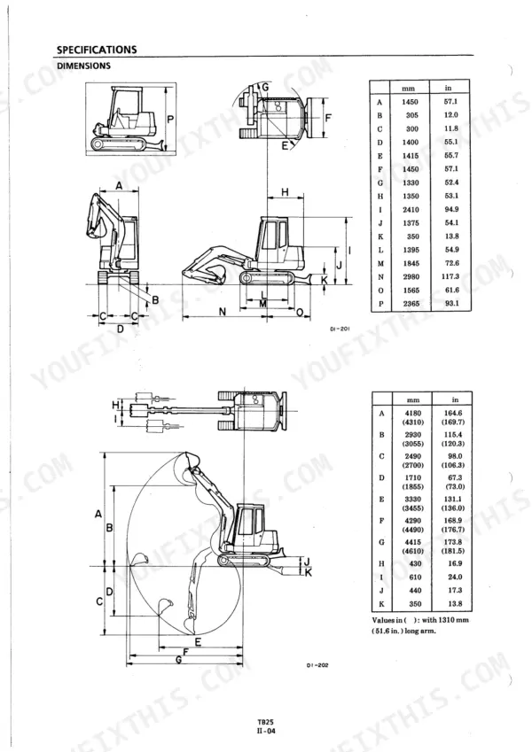 Takeuchi TB25 excavator specifications page showing machine dimensions, operating range diagrams, and corresponding measurement tables.
