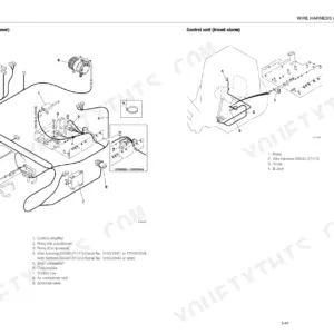 Takeuchi TB250 wiring diagram for air conditioner control unit and travel alarm control unit with component lists.