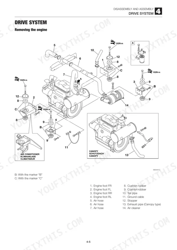 Takeuchi TB250 engine removal exploded view showing engine mounts, air hoses, air cleaner, and cushion rubber components.