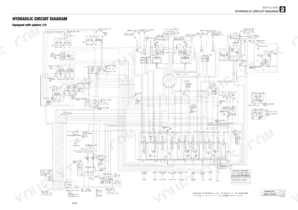 Takeuchi TB250 hydraulic circuit diagram showing main pump, control valve, cylinders, motors, and auxiliary options.