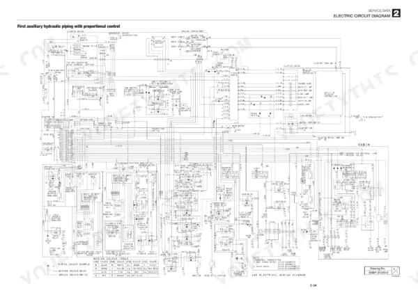 Takeuchi TB250 electric circuit diagram showing engine, cabin, and auxiliary proportional control wiring systems.